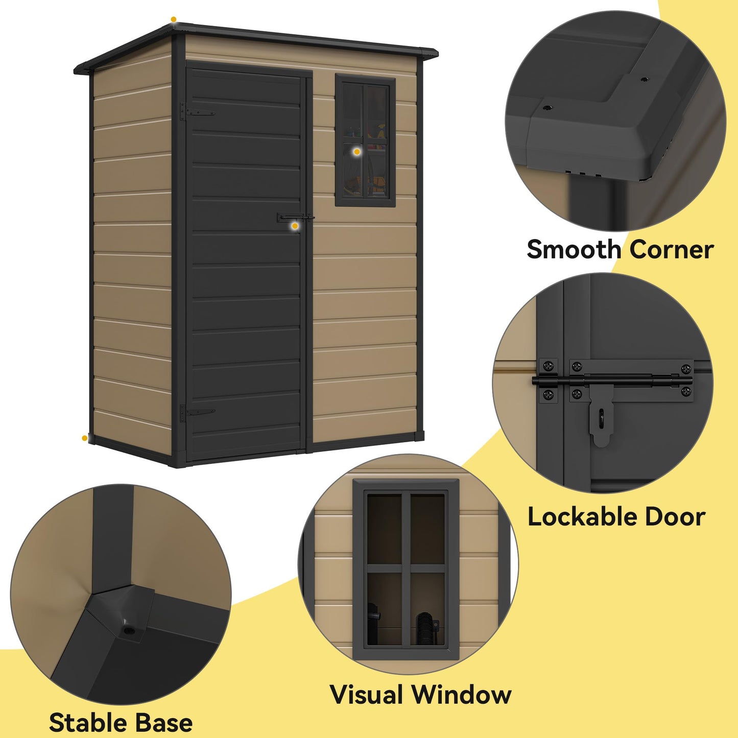 DWVO 5x3 FT Outdoor Storage Shed with Floor, All-Weather Resin Storage Shed with Lockable Door & Window, Waterproof Plastic Tool Storage for Garden, Backyard, Patio, Lawn, Brown