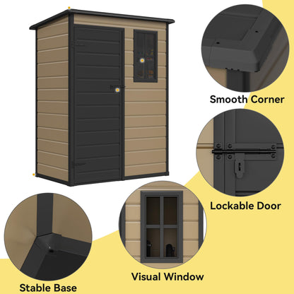 DWVO 5x3 FT Outdoor Storage Shed with Floor, All-Weather Resin Storage Shed with Lockable Door & Window, Waterproof Plastic Tool Storage for Garden, Backyard, Patio, Lawn, Brown