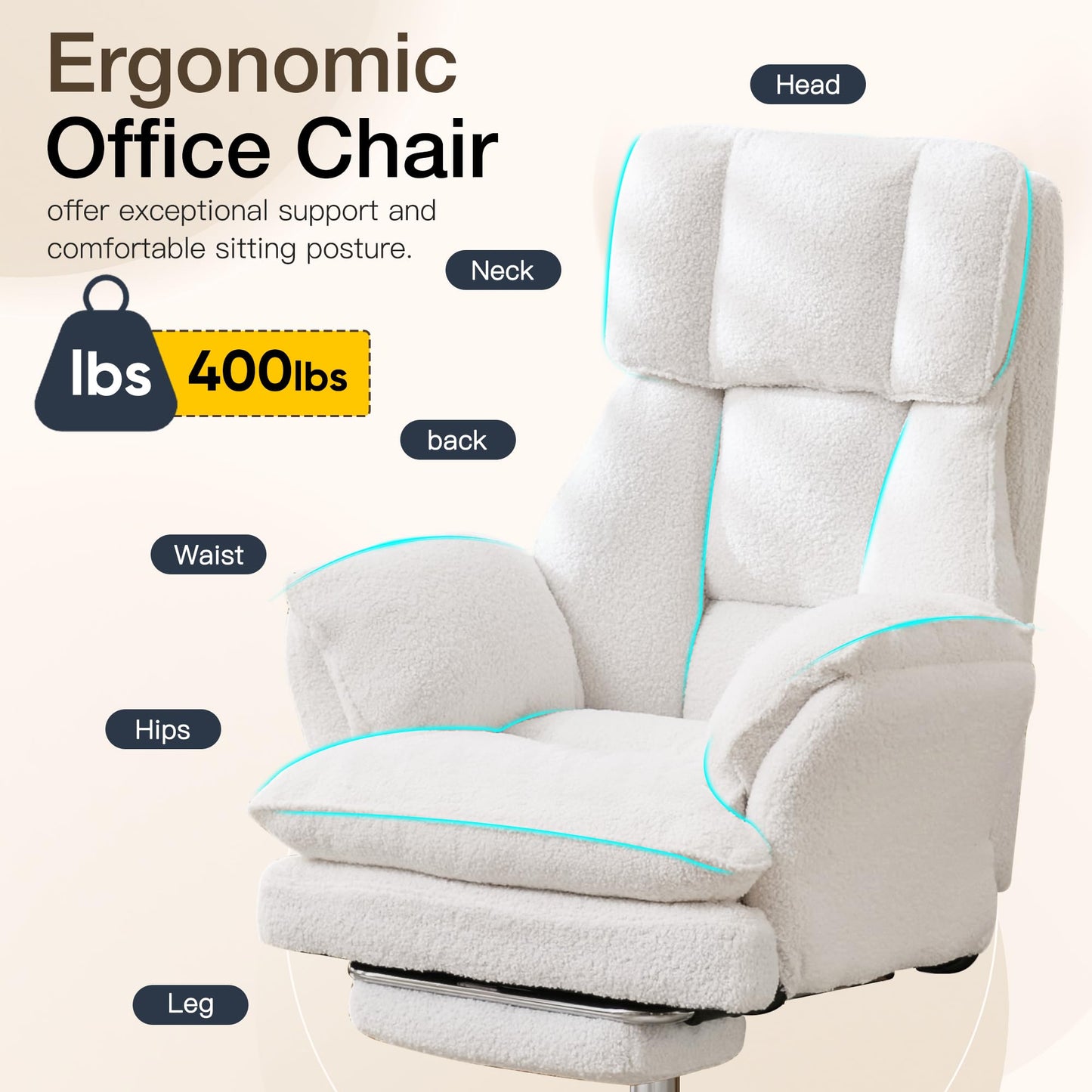 Ergonomic Cloud Cross Legged Office Chair with Footrest,Teddy Fleece Big and Tall Executive Chair with Wheels,Reversible Armrest,155° Reclining Computer Wide Desk Chair for Home,Office (White)