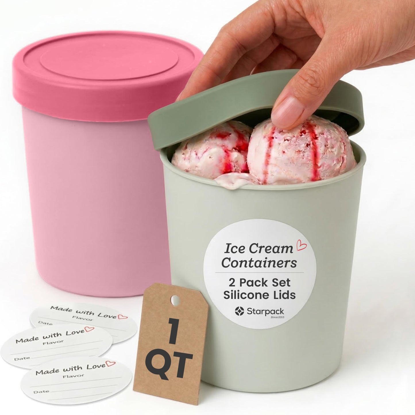 StarPack 'Freeze The Day' Homemade Ice Cream Containers (2-Pack, 1 Quart) - Airtight Silicone Lids, BPA-Free Reusable Ice Cream Freezer Containers with Lids, Stackable - Sage and Pink