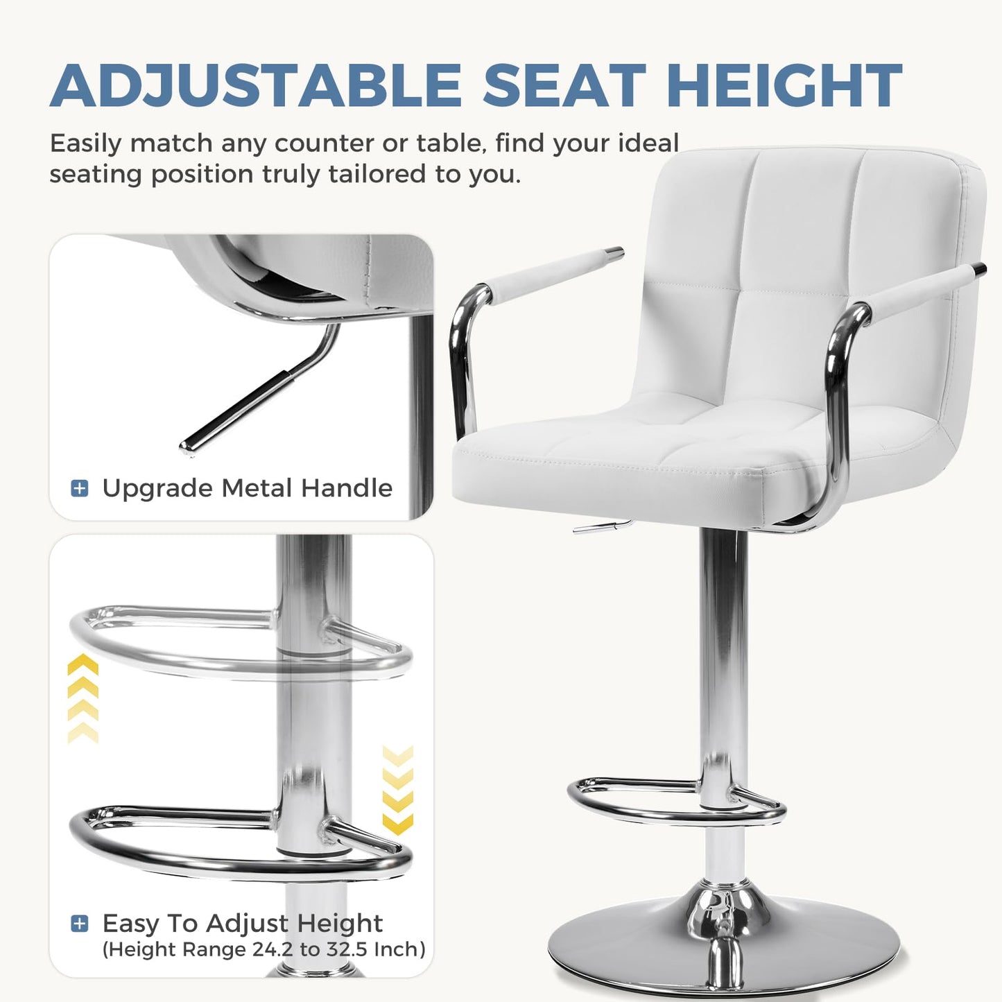 DUMOS Bar Stools Set of 4, Adjustable Swivel Bar Chairs with Padded Armrests and Ergonomic Backrest for Kitchen Island Counter Pub Dining Room, Water-Resistant PU Leather, White