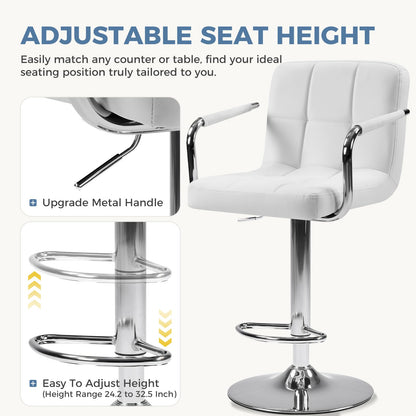 DUMOS Bar Stools Set of 4, Adjustable Swivel Bar Chairs with Padded Armrests and Ergonomic Backrest for Kitchen Island Counter Pub Dining Room, Water-Resistant PU Leather, White
