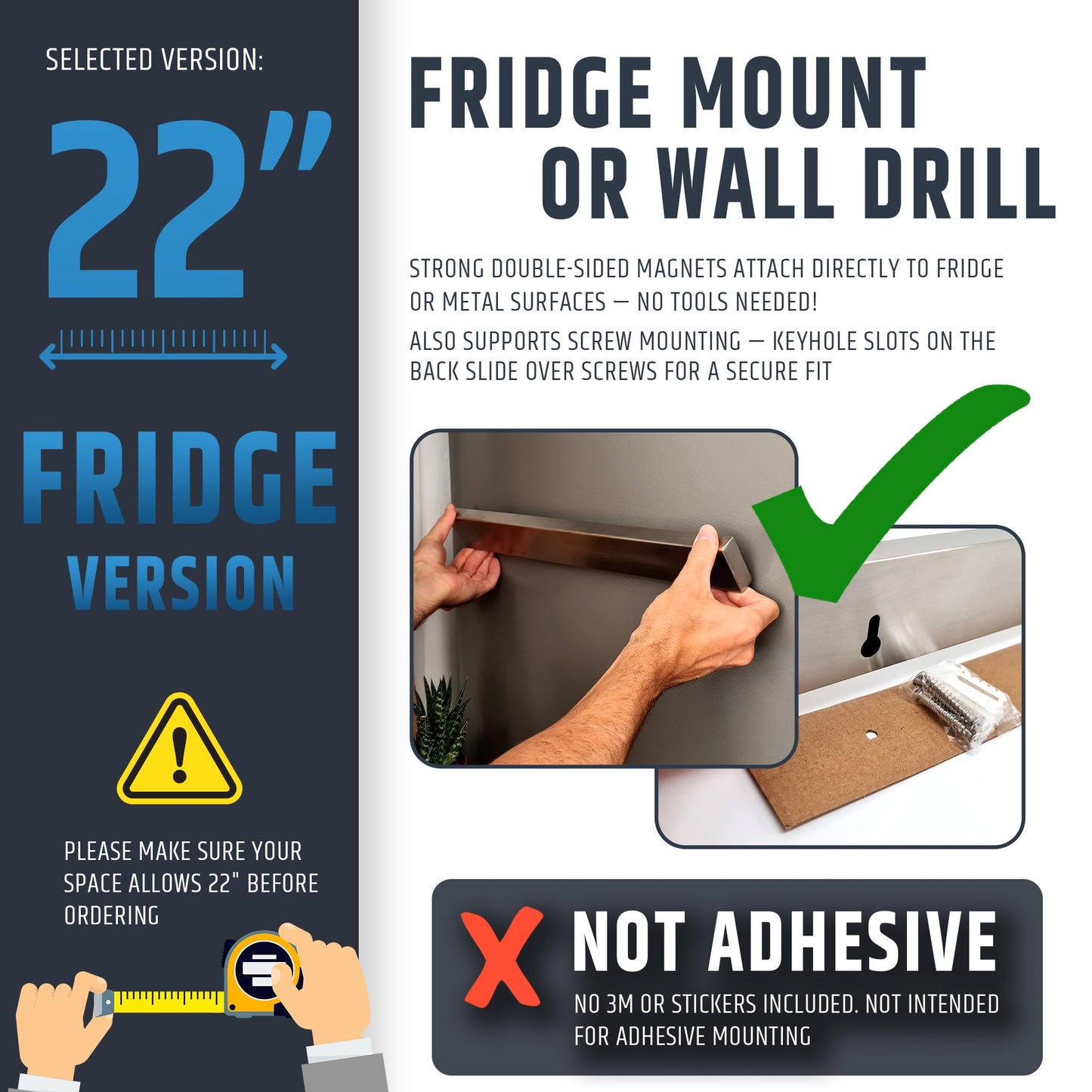 22" Premium Magnetic Knife Holder for Refrigerator (Double-Sided Heavy-Duty Magnets) - Upgraded Strip for Strong Fridge Mount - Clear Up Counter Space - 304 Anti-Rust Stainless Steel (Upgraded Design)