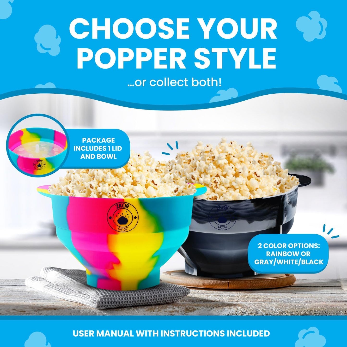 Microwavable Silicone Popcorn Popper, BPA Free, Collapsible Reusable Microwave Bowl, Dishwasher Safe, Black White Gray