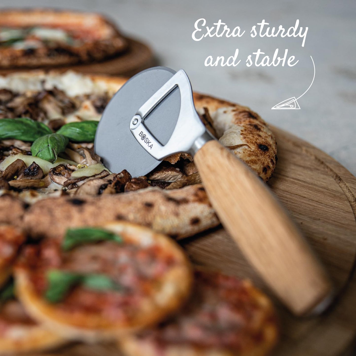 Boska Pizza Cutter Oslo+ - Large Pizza Wheel Cutter - Wooden Handle - Stainless Steel Non-Stick Wheel