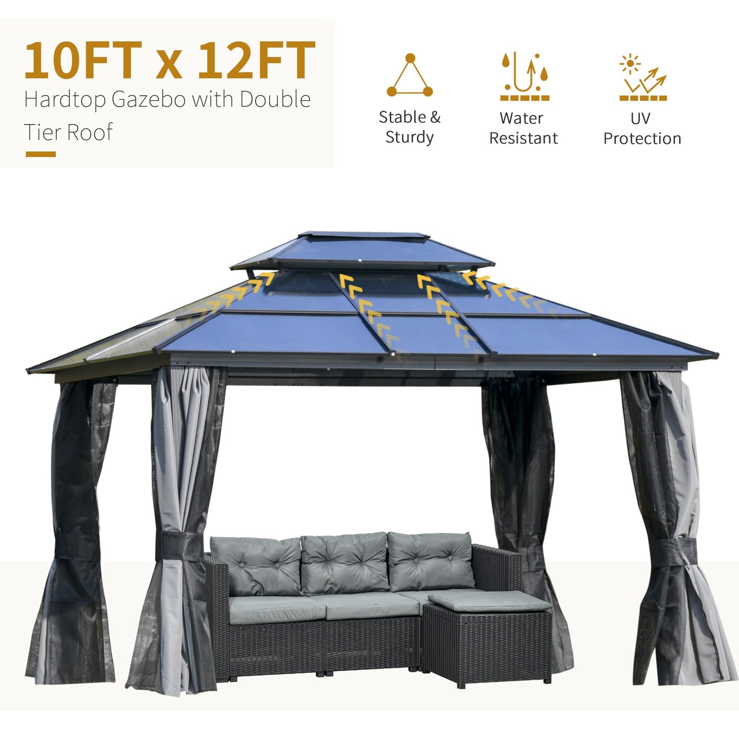 GOWE 10' x 12' Hardtop Gazebo Canopy with Polycarbonate Double Roof, Aluminum Frame, Permanent Pavilion Outdoor Gazebo with Netting and Curtains for Patio, Garden, Backyard, Deck, Lawn, Gray
