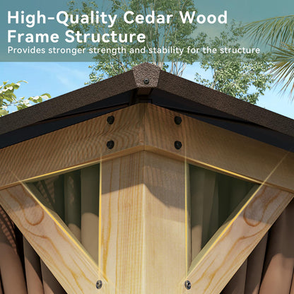 Aoxun 12' x 16' Outdoor Wood Gazebo with Double Polycarbonate Top, Hardtop Gazebo Permanent Wooden Pavilion with Breathable Netting and Privacy Curtain for Patio, Garden, Deck, Cedar Wood, Natural