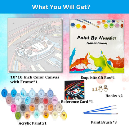Artunion Framed Paint by Numbers Kit for Adults Beginners & Kids Ages 8-12,Racing Car Paint by Number with Frame,Car Lovers Paint by Numbers Kit on Canvas 10 * 10 Inch Without Easel