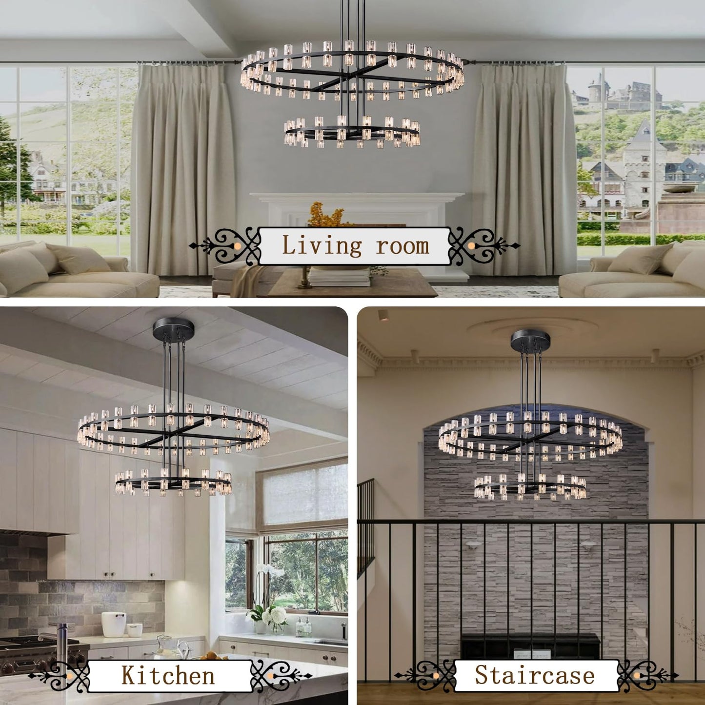 Shial Lighting D32''+D40'' Large Black Wagon Wheel Chandelier 72-Lights Black Round Chandeliers Glass Chandeliers for Dining Room,Living Room Vintage Chandelier