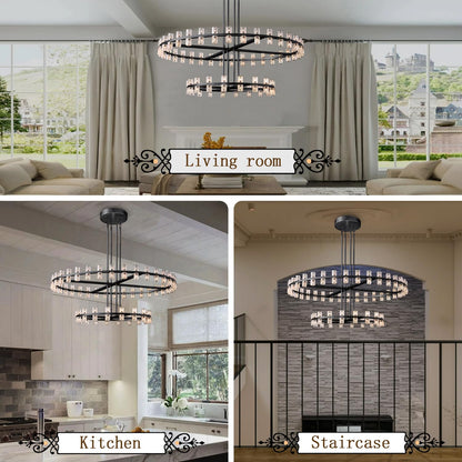 Shial Lighting D32''+D40'' Large Black Wagon Wheel Chandelier 72-Lights Black Round Chandeliers Glass Chandeliers for Dining Room,Living Room Vintage Chandelier