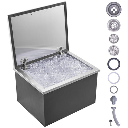 VEVOR Drop in Ice Chest, 20" L x 16" W x 13" H Stainless Steel Ice Cooler, Commercial Ice Bin with Hinged Cover, 40 qt Outdoor Kitchen Ice Bar, Drain-Pipe and Drain Plug Included, for Cold Wine Beer