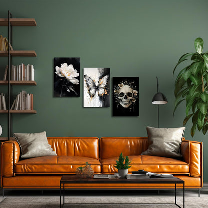 XLMDYYSW Skull Wall Art 3 Piece Black and White Gothic Pictures Skeleton and Flower Canvas Prints Abstract Butterfly Paintings for Bathroom Home Decor Framed (White, 12.00" x 16.00" x 3PCS)