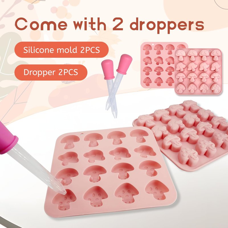 2PCS Mushroom Silicone Mold with 2 Droppers - 16 Cavity 3D Cute Mushroom Gummy Molds for Chocolate Candy Soap Resin - Fondant Gummy Cookie Candle DIY Crafts