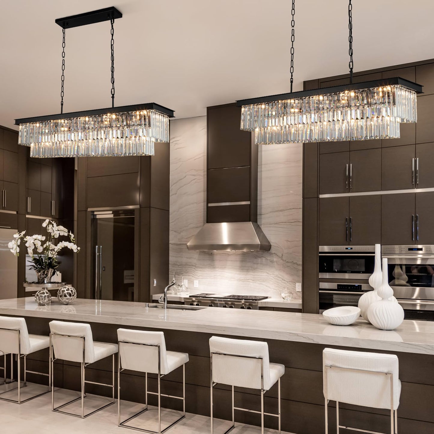 Weesalife Crystal Chandeliers for Dining Room Light Fixtures Over Table，15-Lights Black Modern Rectangle Chandeliers for Kitchen Island Bar L40 Inch