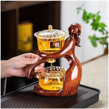 Lazy Kungfu Magnetic Tea Pot, Semi Automatic Glass Teapot, Lazy Kungfu Drip Teapot, Magnetic Attraction Water Rotating Cover Bowl Suitable for Home/Office Reception Tea Set (Red Maiden)