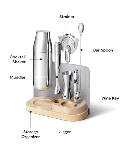 Caraway 9-Piece Complete Bar Set - Cocktail Shaker, Jigger, Muddler, Wine Key, Strainer, Bar Spoon, Storage Organizer, Magnetic Backer - Bartender Accessories - Tools for Home Bartending - Gray