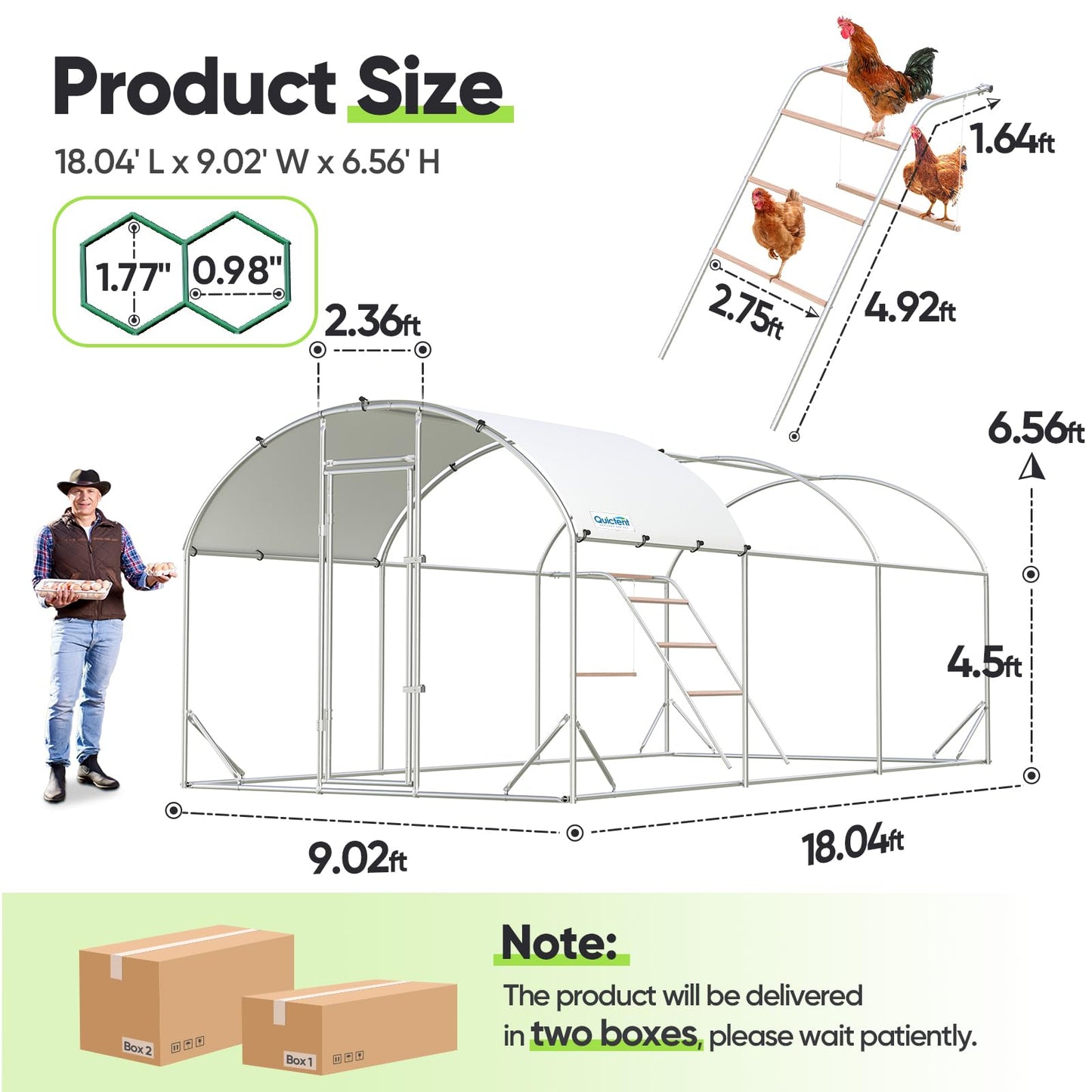 Quictent Essential Series 18x9x6.6ft Metal Chicken Coop Run with Climbing Ladder, Walk-in Outdoor Poultry Cage with PVC Coated Chicken Wire, Hen Duck Rabbit Farm House, Waterproof Anti-UV Cover
