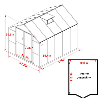Yardenaler 8x10 FT Outdoor Aluminum Greenhouse Kit, Polycarbonate Aluminum Walk-in Greenhouse with Adjustable Roof Vent and Lockable Door, Backyard Garden in Winter, Gray