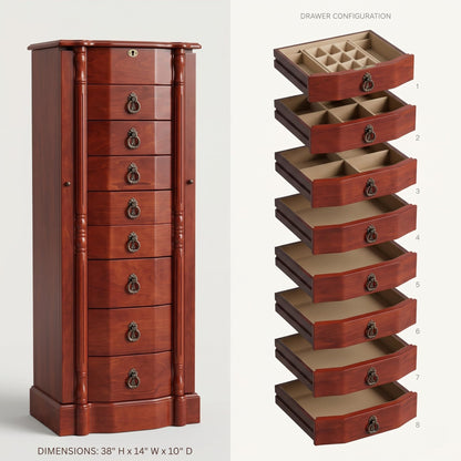 Hives and Honey Sheffield Traditional Standing Jewelry Armoire Cabinet, Antique Locking Storage Organizer with Mirror, 8 Drawers, Necklace Hooks, Anti-Tarnish Lining, Cherry