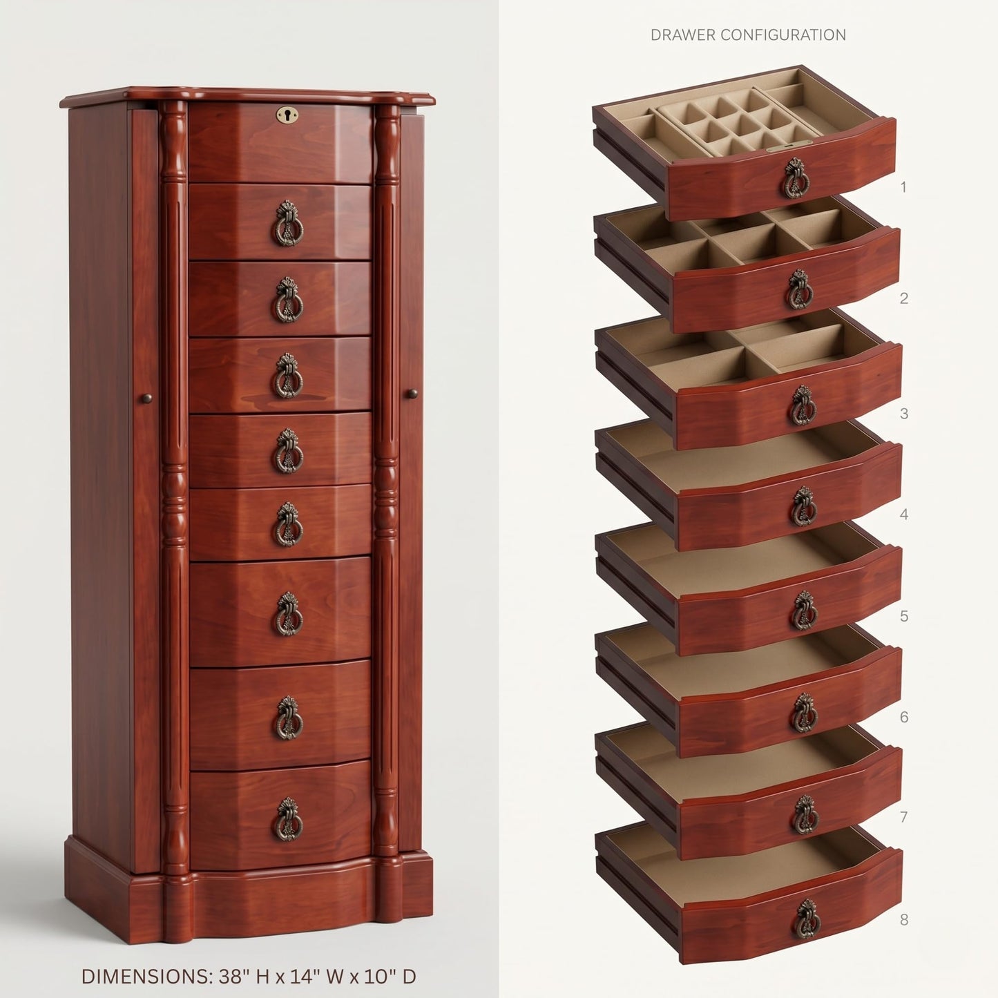 Hives and Honey Francesca Traditional Standing Jewelry Armoire Cabinet, Antique Locking Storage Organizer with Mirror, 8 Drawers, Necklace Hooks, Anti-Tarnish Lining, Cherry