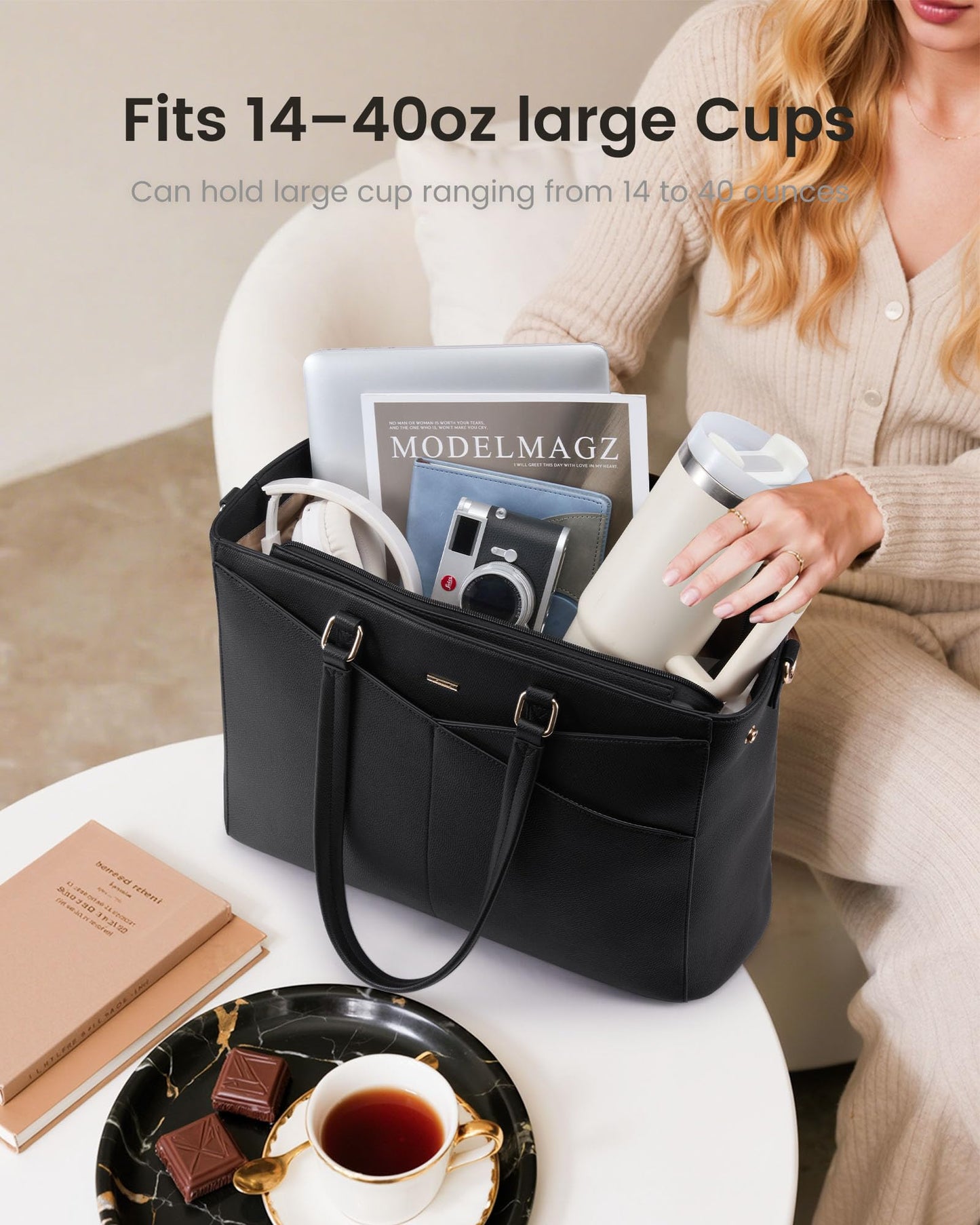 LOVEVOOK Lunch Tote Bag for Women, 3 in 1 Work Bag with Insulated Lunch Compartment, Laptop Bag with Large Cup Holder for Office, College, Casual, Black