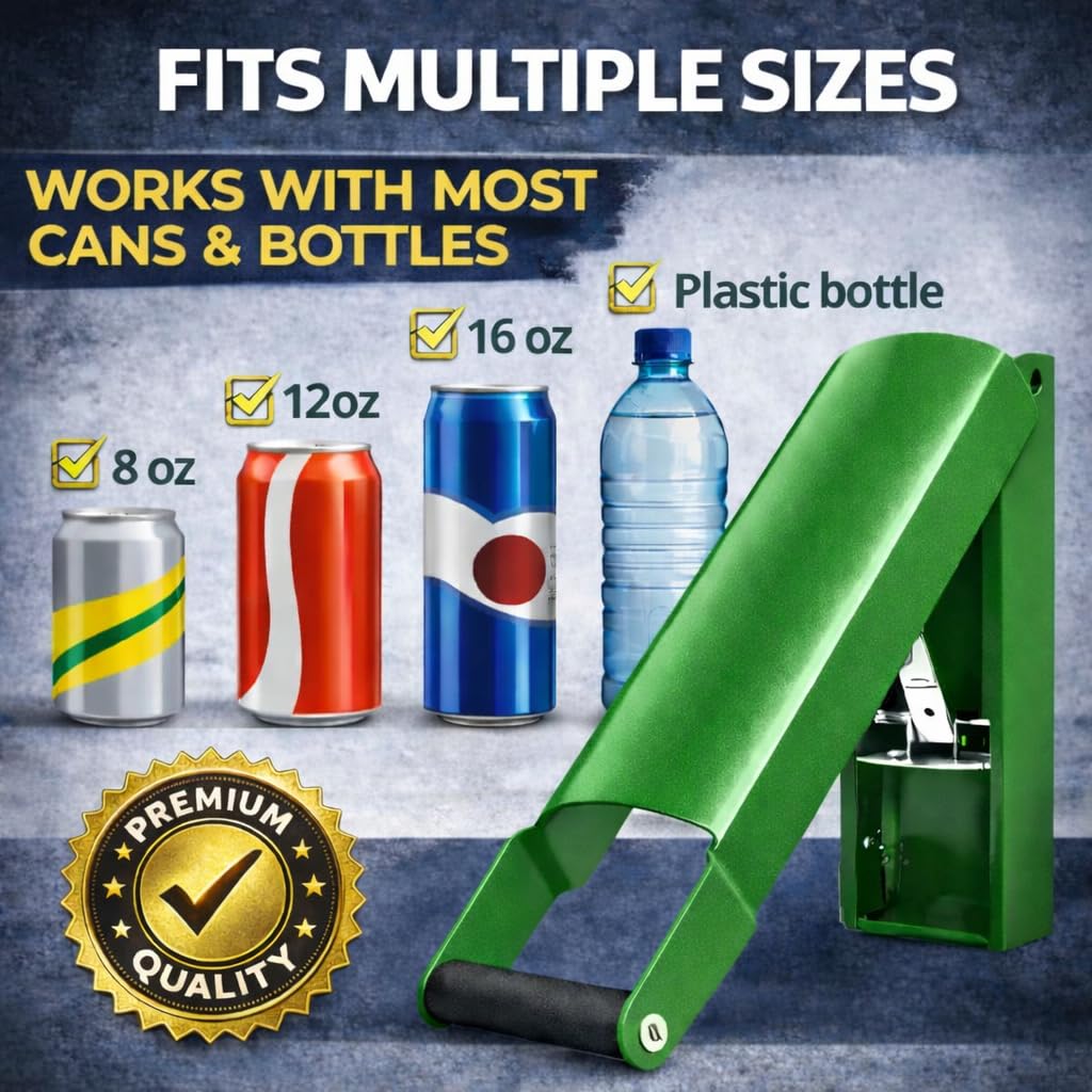 Green Сan Crusher for Recycling - 8oz 12 oz 16oz Heavy Duty Aluminum Can Smasher Countertop Metal Compactor Can Crusher Foot for Recycling Beer Seltzer Soda Cans and Plastic Bottle