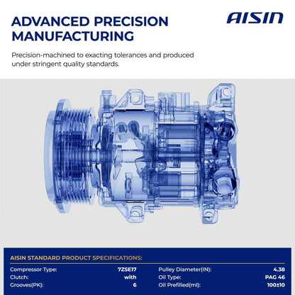 AISIN AFTERMARKET ACCT-00714 Air Conditioner AC Compressor - Compatible with Toyota RAV4 2009-2012 2.5L, Camry 2012-2017 2.5L, Sienna 2011-2013 2.7L - with 6-Pulley Groove, with Clutch