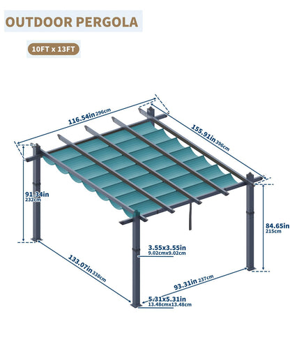 KYBOLT 10x13 Ft Aluminum Pergola with Retractable Canopy Metal Gazebo for Garden Backyard Deck Porch Grape Trellis(Blue)