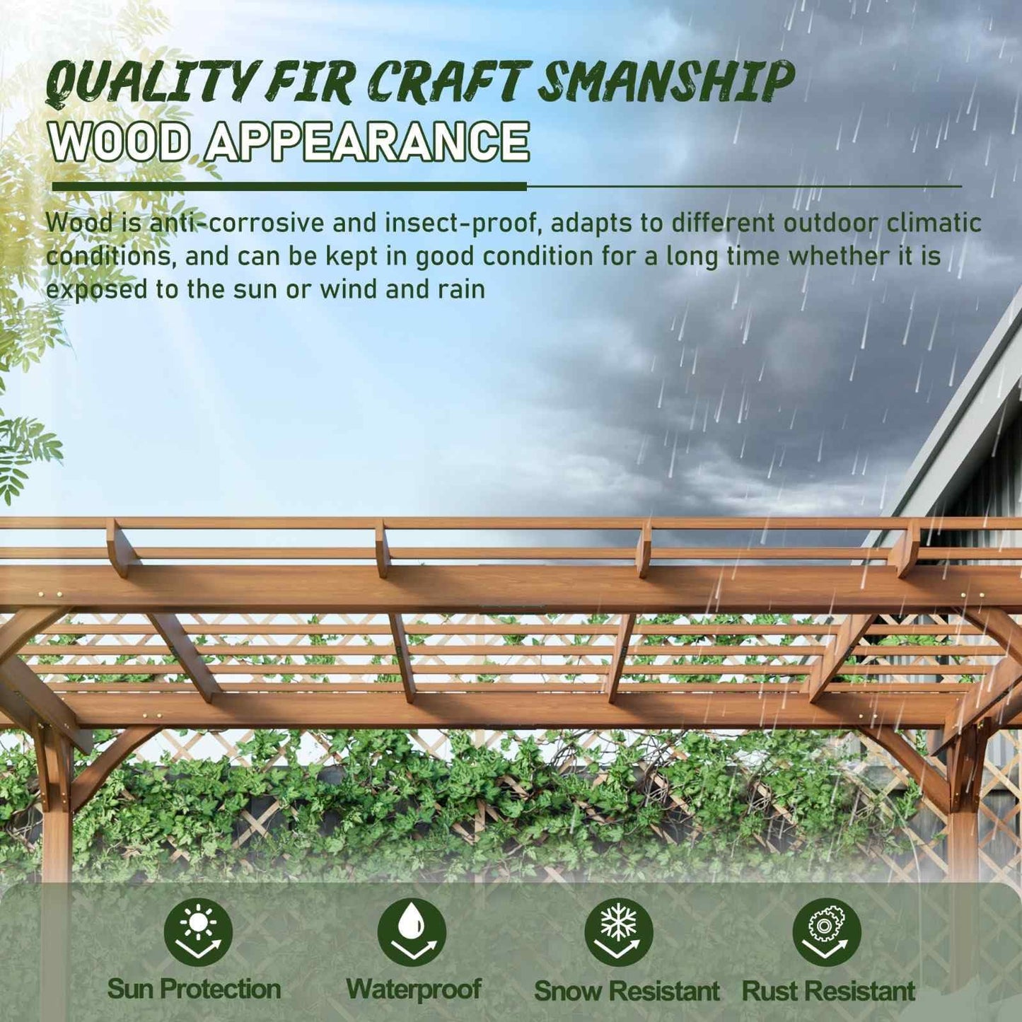 FRITHJILL 12x10FT Wooden Pergola with Slatted Roof Trellis, Fir Wood Outdoor Pergola for Climbing Plants & Vines, Waterproof Garden Arbor for Patio, Backyard, Deck