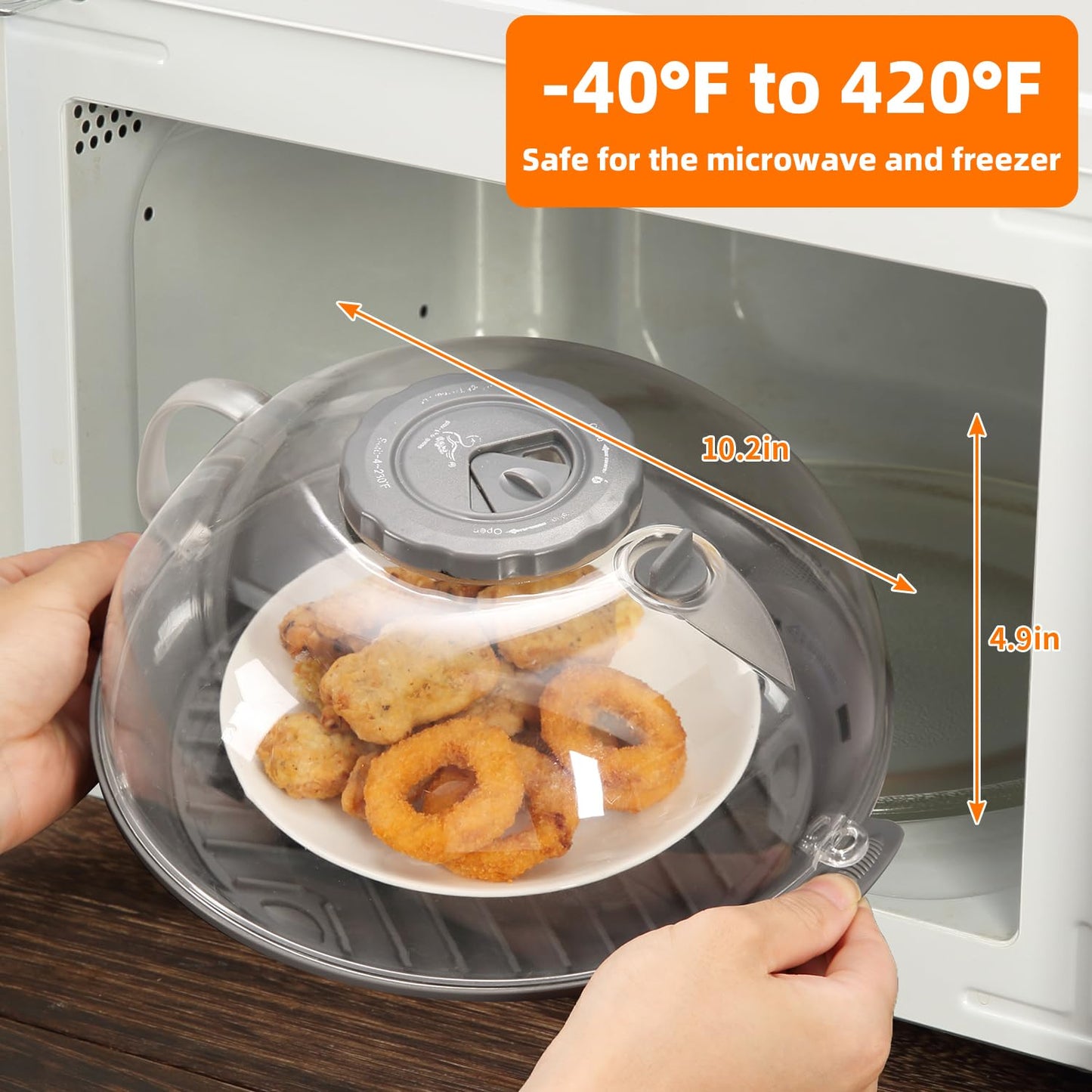 Microwave Splatter Cover Lid for Food 10.2 Inch with Water Steamer, Clear Microwave Splash Guard Cooker Lid with Plate, Dish Bowl Plate Serving Cover Cookware High Transparent Plastic Grey