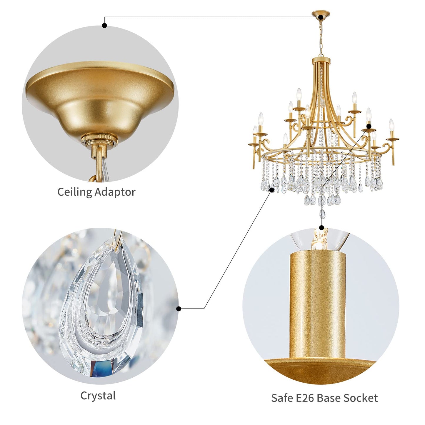 WUZUPS Candle Chandelier 12-Light Wagon Wheel Pendant Ceiling Light Modern Lighting Fixture for Bedroom Hallway Bar Kitchen Dinning Living Room Bathroom, Gold