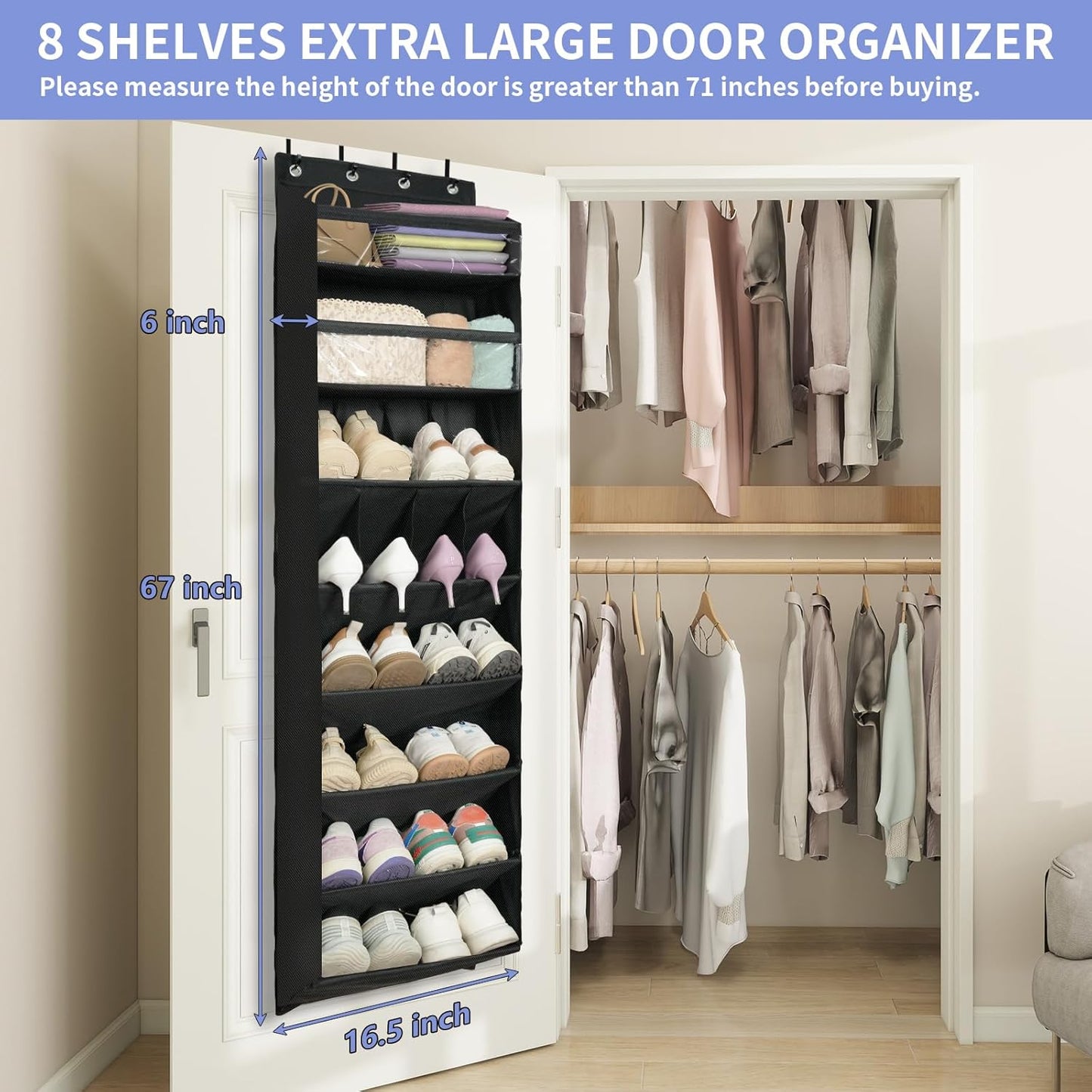 1 Pack 8 68" Closet, FENTEC Shelves Over The Door Shoe Organizer, Exlarge Deep Pockets Hanging Shoe Organizer, Shoe