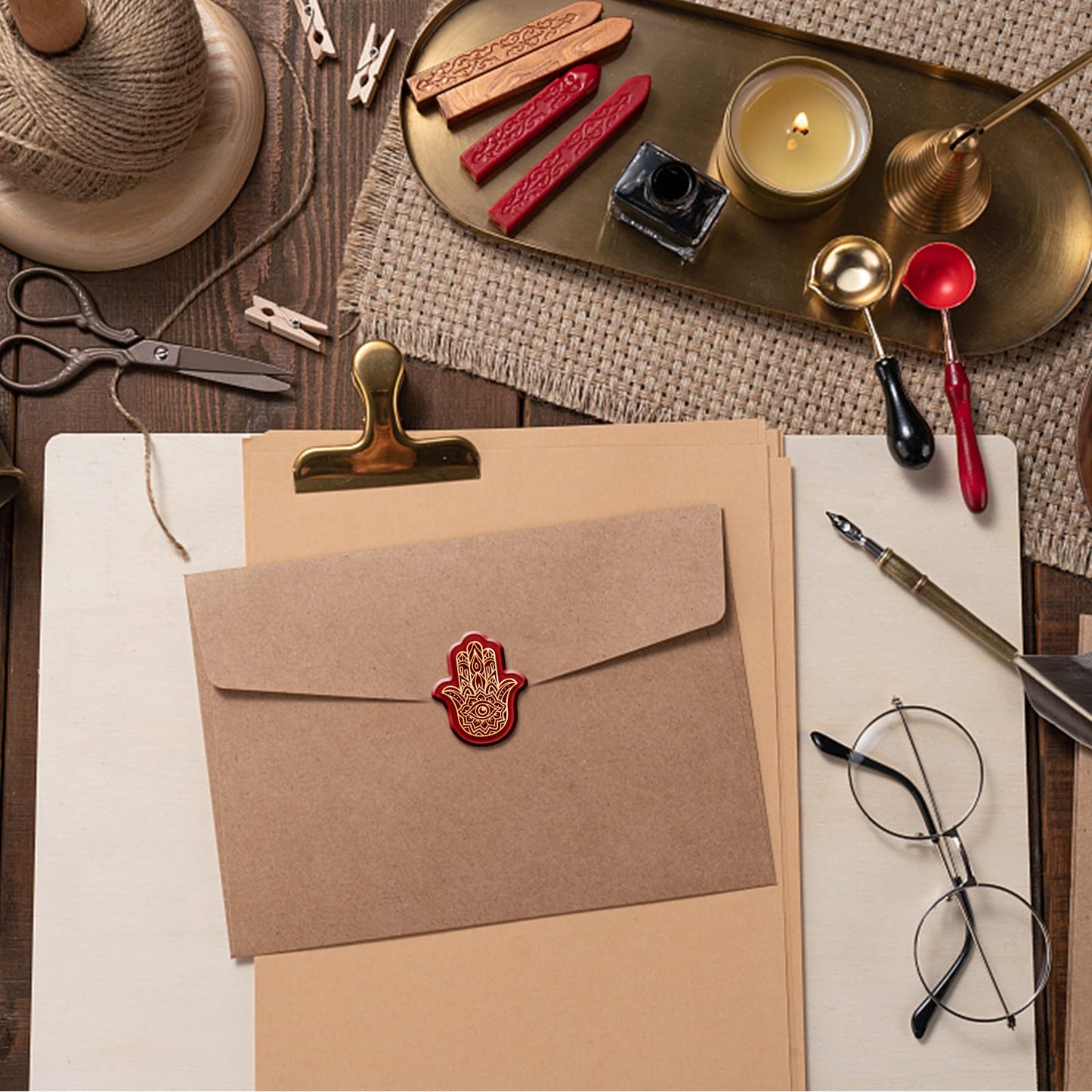 CRASPIRE Lotus Wax Seal Stamp Evil Eye Sealing Wax Stamps Hamsa Retro Vintage Removable Brass Stamp Head with Wood Handle for Wedding Invitations Halloween Christmas Thanksgiving Gift Packing