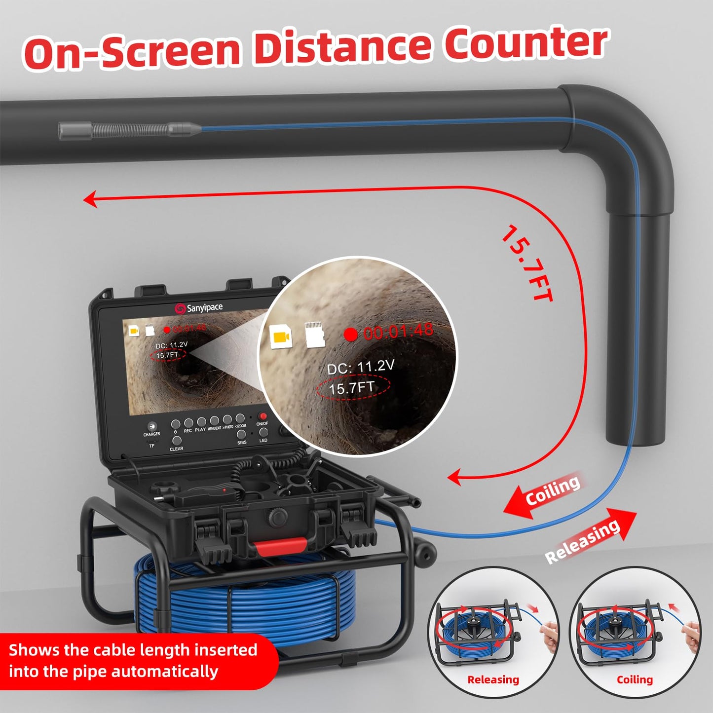 Sanyipace Sewer Camera Self-leveling with Locator, 512Hz Drain Camera with Distance Counter, Waterproof 100FT/30M Pipe Camera with 9" Screen, 1080P, 23mm/0.9in Borescope Inspection Camera for Plumbing