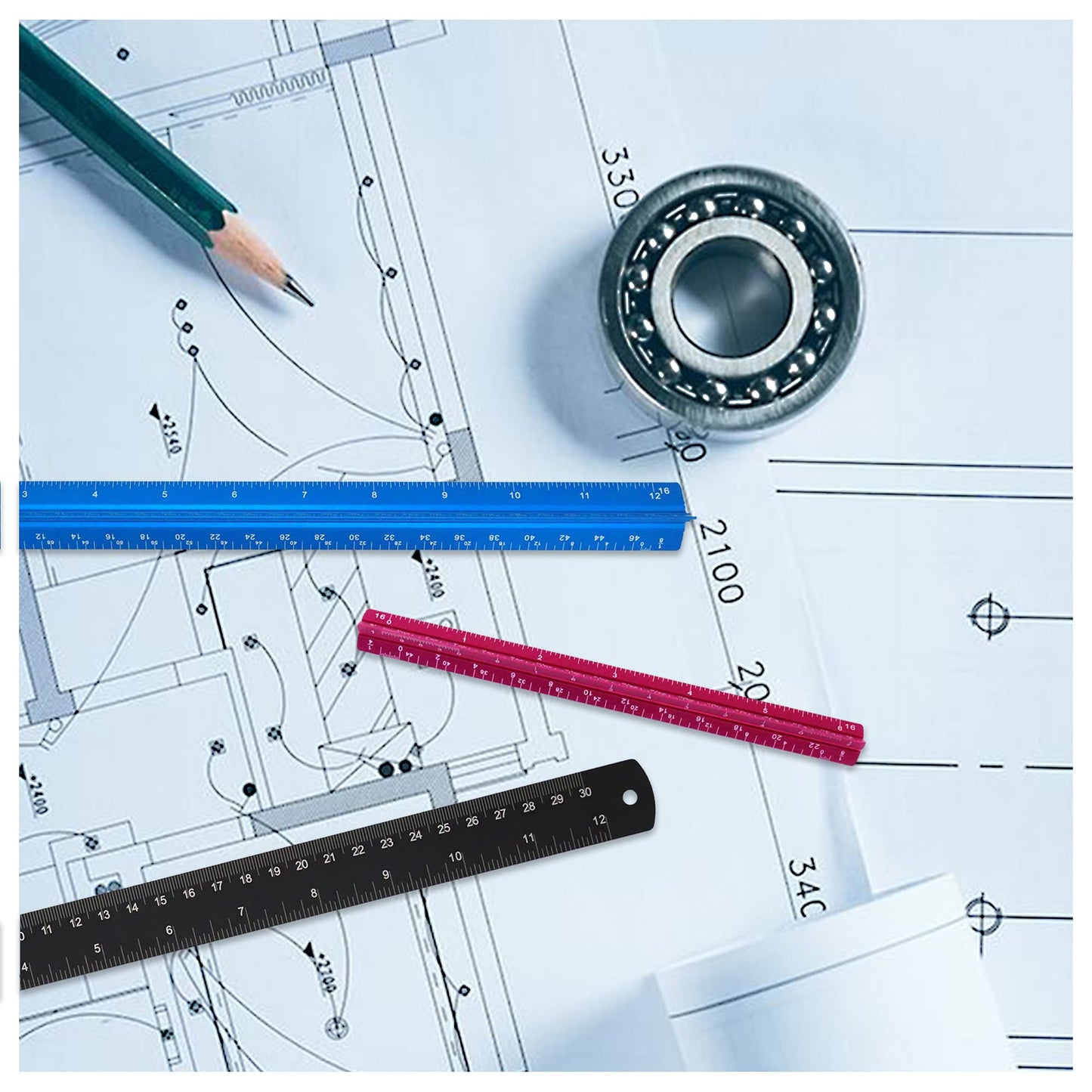FUTGLOBAL Set of 3 Aluminum Engineering Scale Metal Ruler Set, Architectural Scale Rulers 12 Inch and 6 Inch Triangle Ruler and 12 Inch Straight Edge Ruler Drafting Tools for Architects, Draftsman