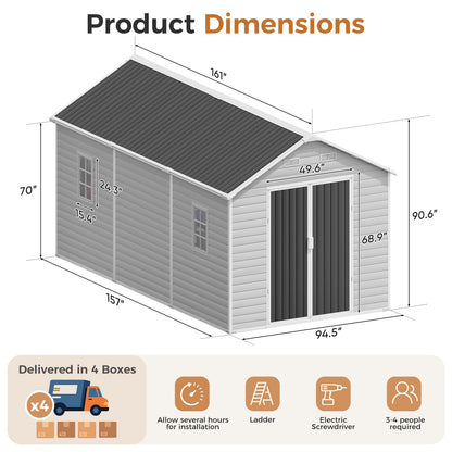 CDCASA 8x14 FT Resin Storage Shed with Floor Included, Steel‑Reinforced Large Waterproof Outside Plastic Storage Sheds with Base, 2 Adjustable Openable Window for Garden Backyard Patio Lawn, Dove Grey