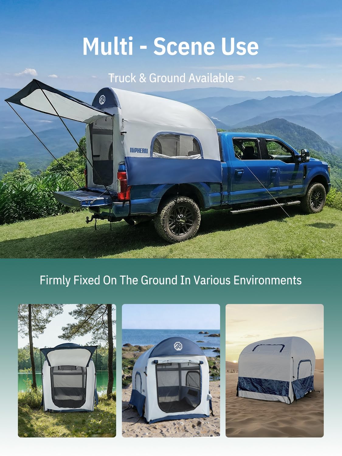 Niphean Truck Bed Tent 5.5ft with Awning Shade, 2 Mins Fast Setup Inflatable Pickup Truck Tent, for 2+1 People, PU 3000mm Waterproof, UPF 50+ Sunproof & High-Strength Windproof, Camp Anywhere You Park