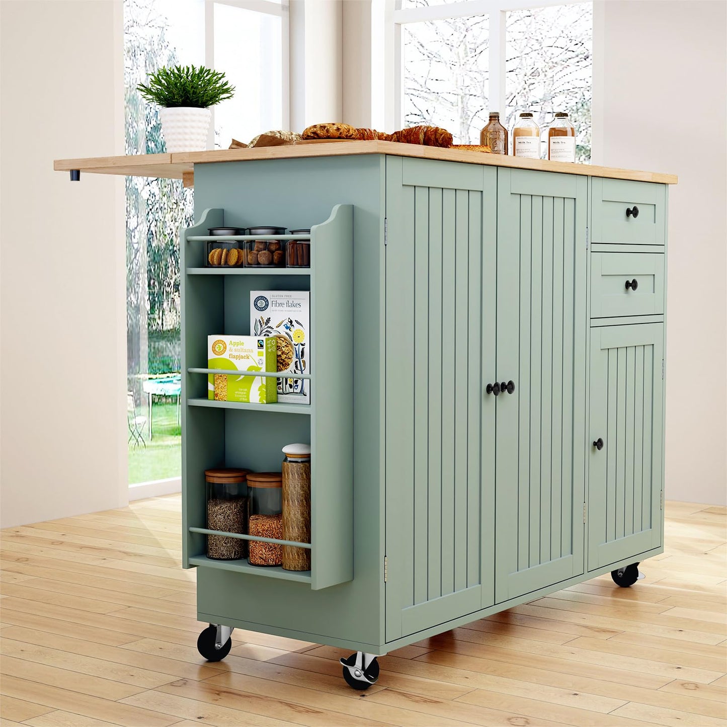 HLR Kitchen Island with Storage, Sage Green Rolling Kitchen Cart on Wheels with Drop-Leaf Bar Countertop, Islands Prep Table with Side Open Spice Rack and Tower Rack, Extra Storage for Kitchen