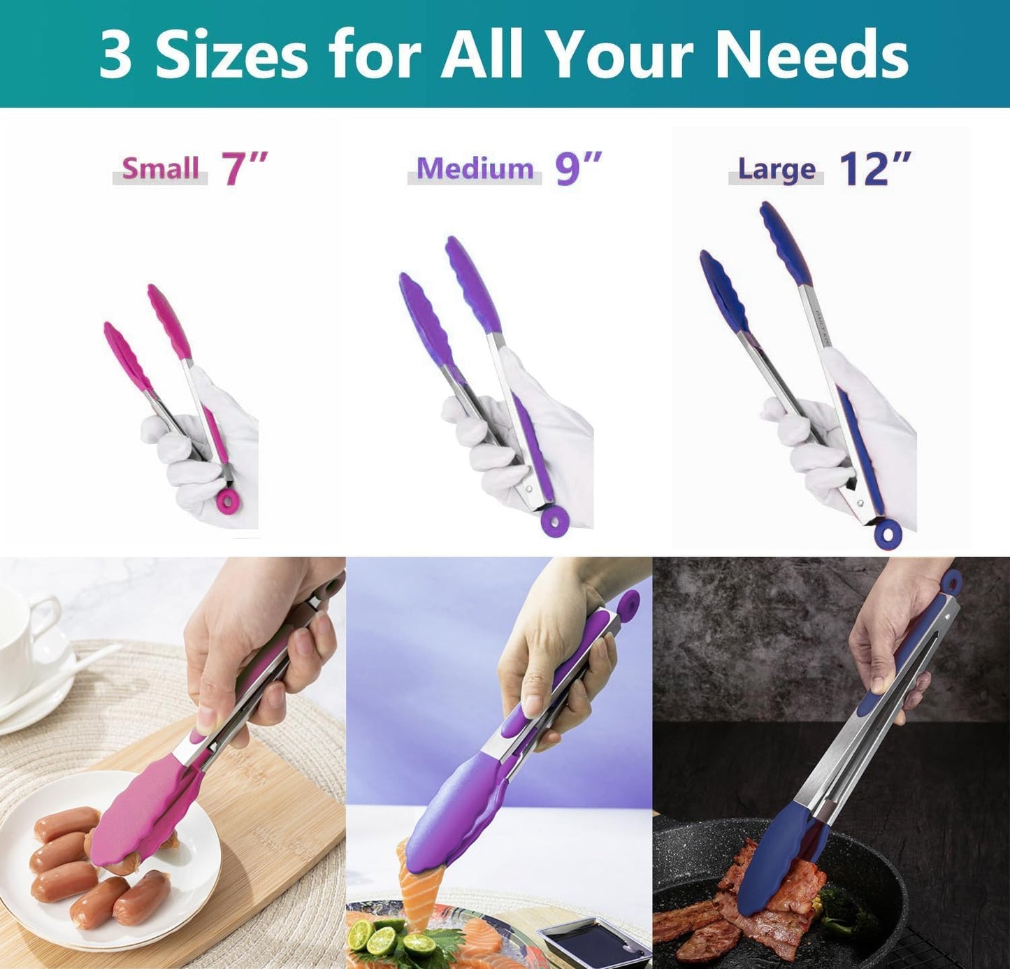 Kitchen Tongs Set of 3: Cooking Tongs with Silicone Tips, Stainless Steel Serving Tongs, Non-Scratch Heat Resistant