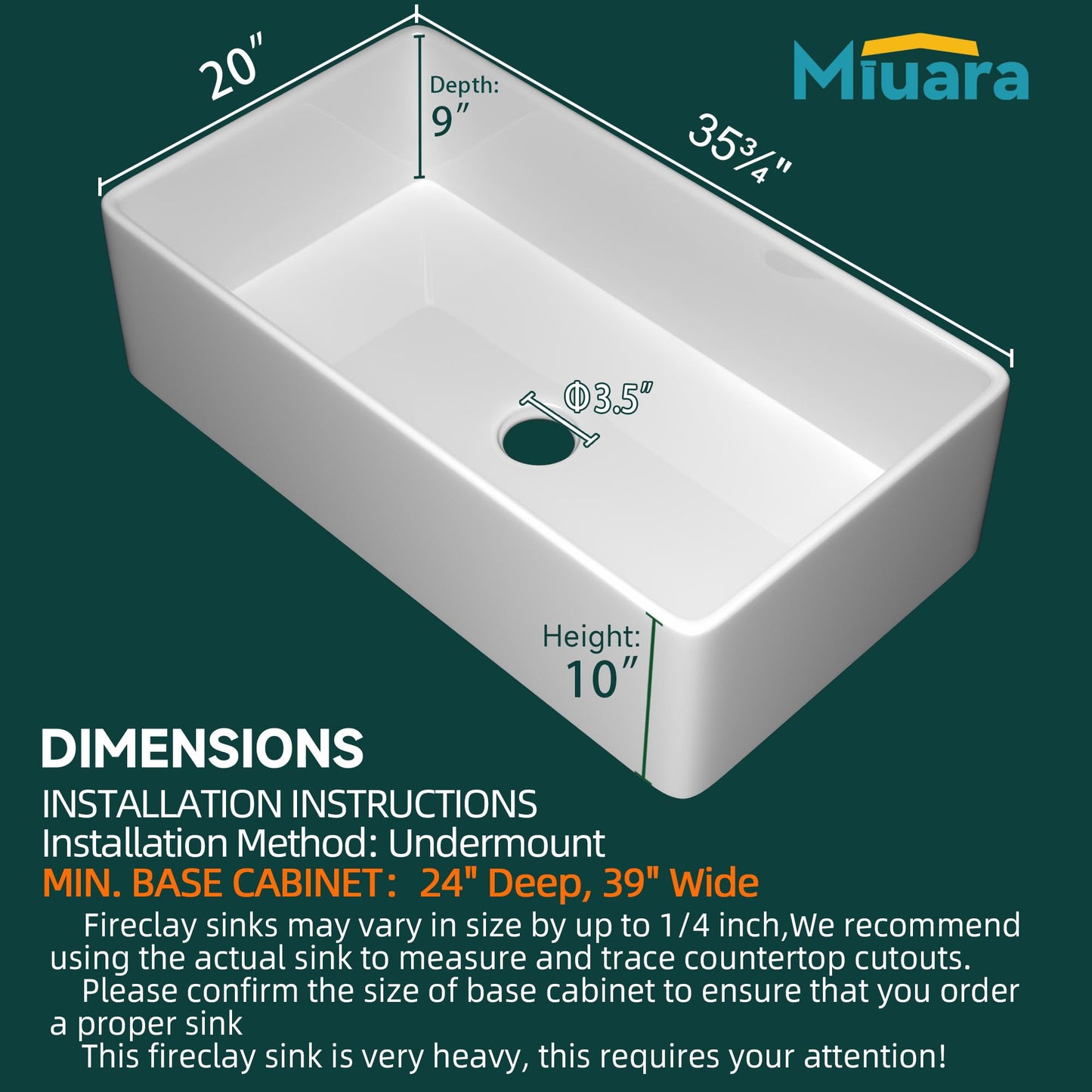 Miuara Farmhouse Sink 36 Inch - Extra Large Apron Front Kitchen Sink Reversible 36"x20"x10", Undermount, Farm House Style Deep Single Bowl, Heavy Duty Solid Fireclay, Glossy White, for Kitchen