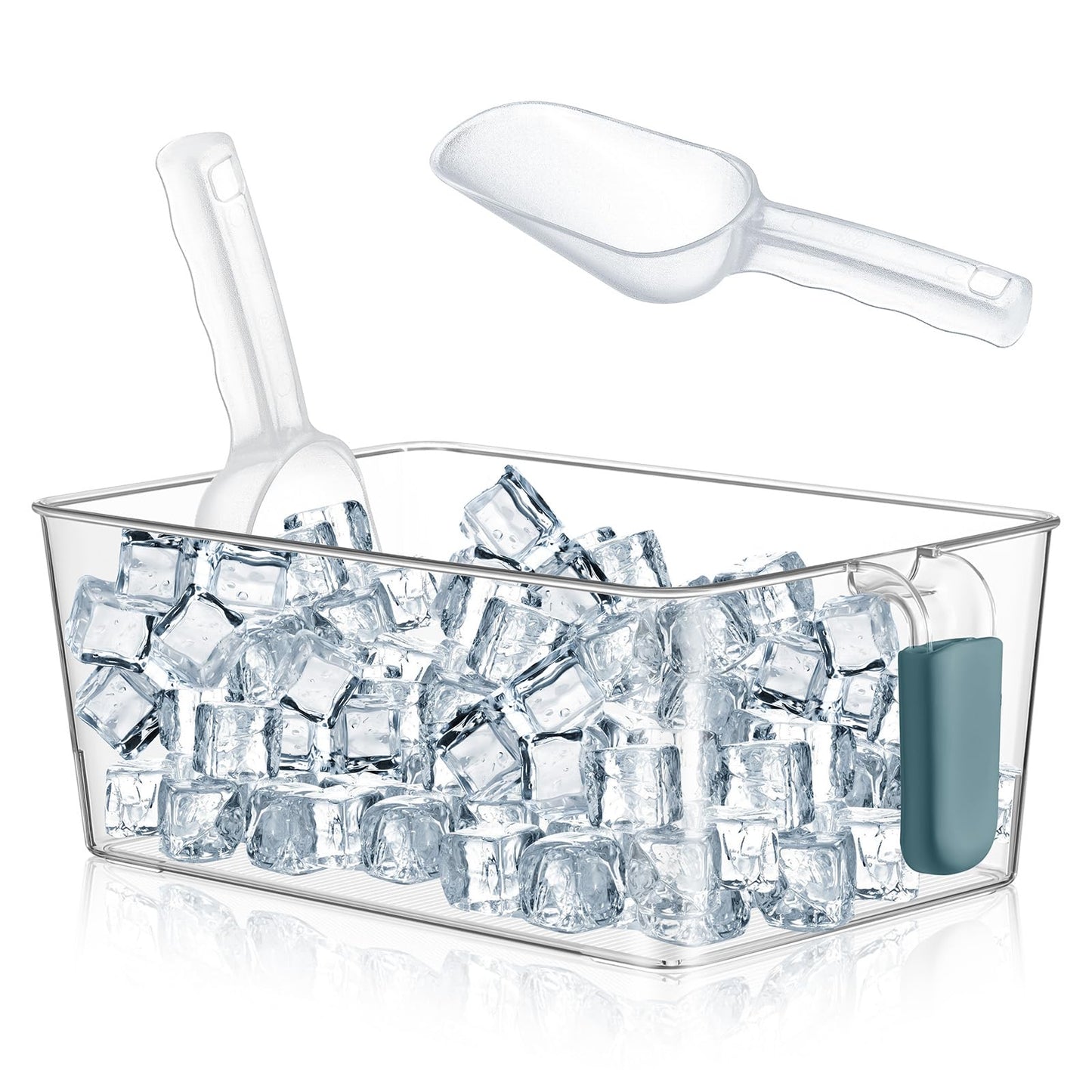 Havawish Ice Bin and Flexible Scoop Set Plastic Freezer Ice Bin with Pull out Handle Storage Bucket Clear for Container with Bucket Scoop (Dark Blue, Clear,10.83 x 7 x 4.33 in)