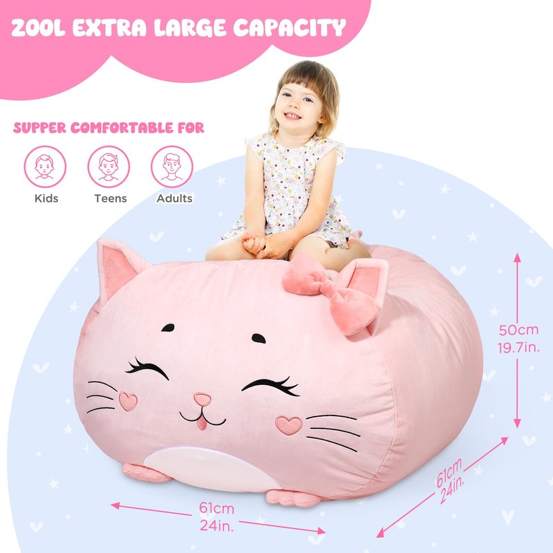 Children's Bean Bag Cover for Soft Toys 24 x 24 x 19.7 in - Toy Storage for Children's Room - Cuddly Toy Organiser for Plush Toys & Blankets Premium Velvet, Zip - Kitty