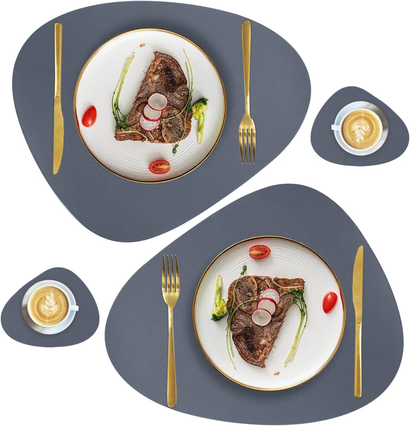 Set, 2 Placemats+2 Faux Leather Placemats and Coasters Round Leather for Dinner Table Mats Heat Resistant Non-Slip