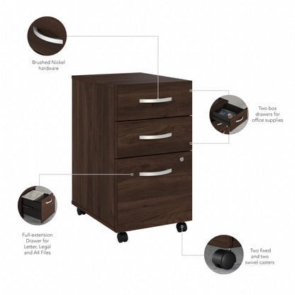 Bush Business Furniture 3 Drawer Mobile File Cabinet - Assembled, Rolling Document Storage for Home or Professional Office, Studio C Collection, Black Walnut