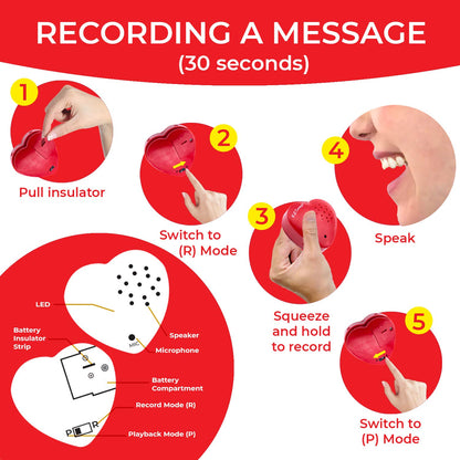 EZSound Teddy Bear Voice Recorder | 30 sec Stuffed Animal Voice Recorder for Kids | Recordable Stuffed Animal Insert | Push Button Build a Bear Heart | Sound Chip for Personal Messages, Gifts (Red)