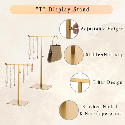 Purse Display Stand Jewelry Towers 2 Packs Stainless Steel Bag Stand Tabletop Adjustable Height Double Hook Hanging Jewelry Stands for Necklaces Organizer Home Store Boutique (Anti-fingerprint)