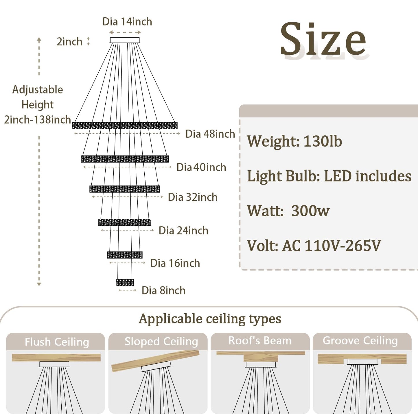ykolupty H138 Modern Large Chandelier for High Ceiling 6-Rings Chandelier with LED Dimmable Crystal Ring Pendant Light High Ceiling Chandeliers for Living Room Foyer Entryway Silver Hanging Light