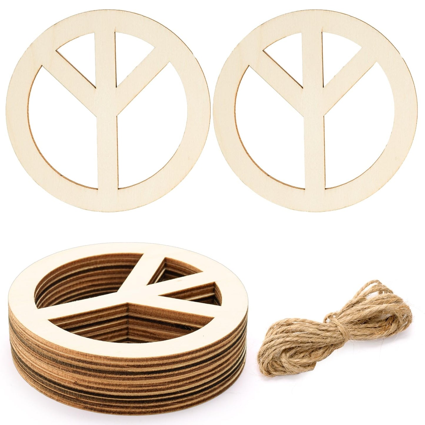 YOUEON 50 Pcs Unfinished Wood Peace Sign with Jute Rope, 4 Inch Round Wooden Pieces Hanging Ornaments, Cutout Blank Wood Slices for Party, DIY, Crafts