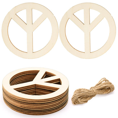 YOUEON 50 Pcs Unfinished Wood Peace Sign with Jute Rope, 4 Inch Round Wooden Pieces Hanging Ornaments, Cutout Blank Wood Slices for Party, DIY, Crafts