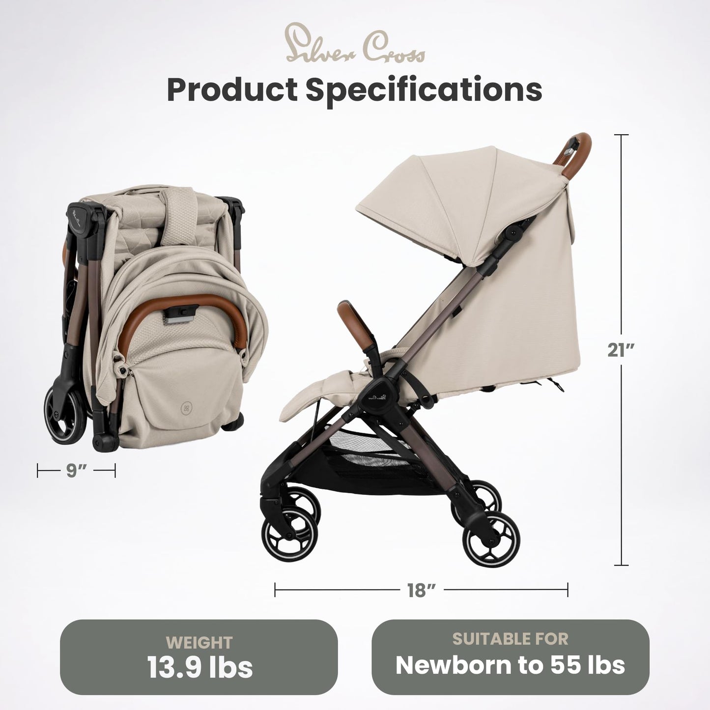 Silver Cross Clic Compact Travel Stroller – (Latte) – Lightweight Baby Stroller for Airplane Travel – One-Hand Fold, Lie-Flat Infant & Toddler Seat – Birth to 55 lb